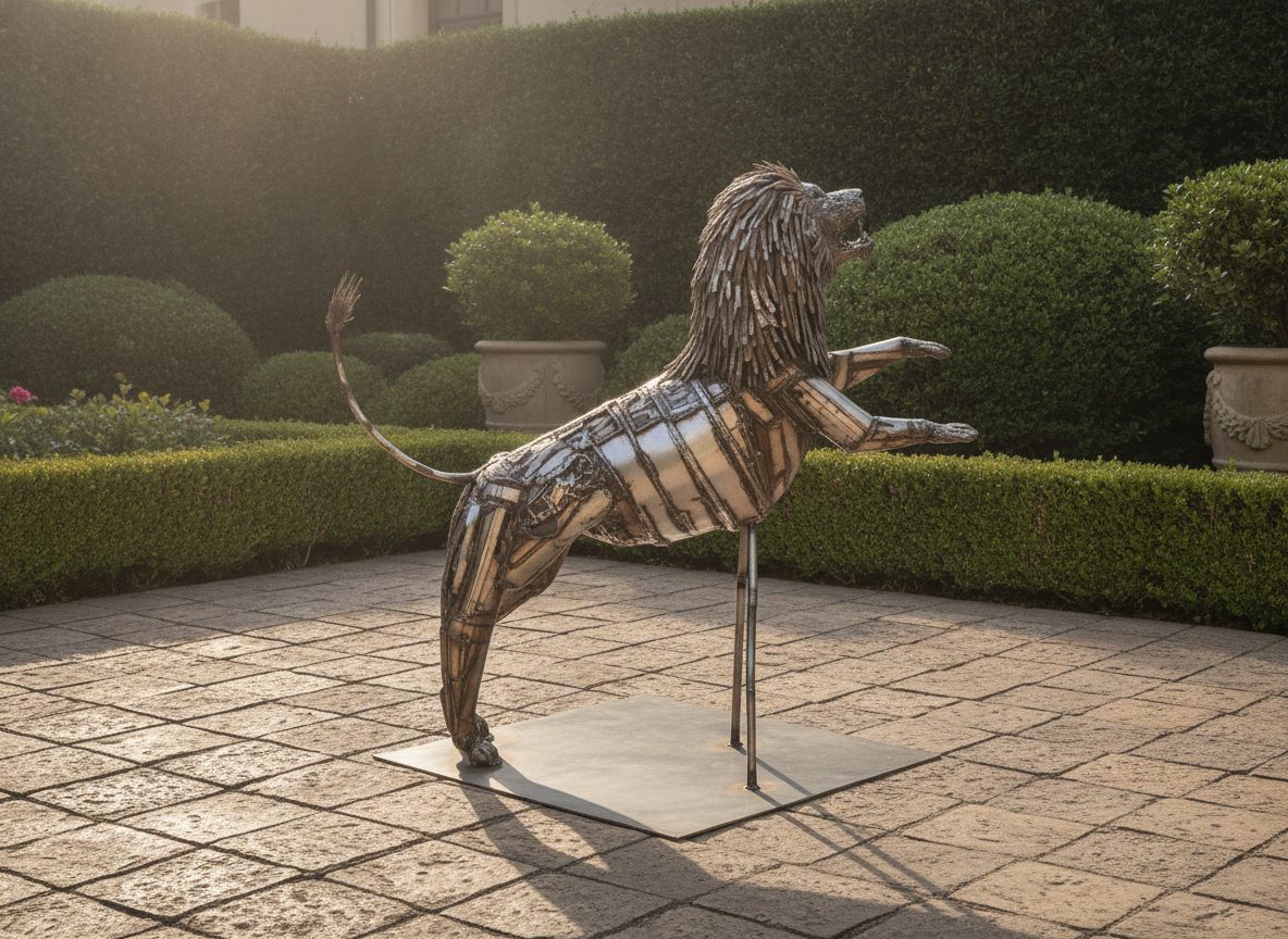 The lion shown in a garden courtyard
