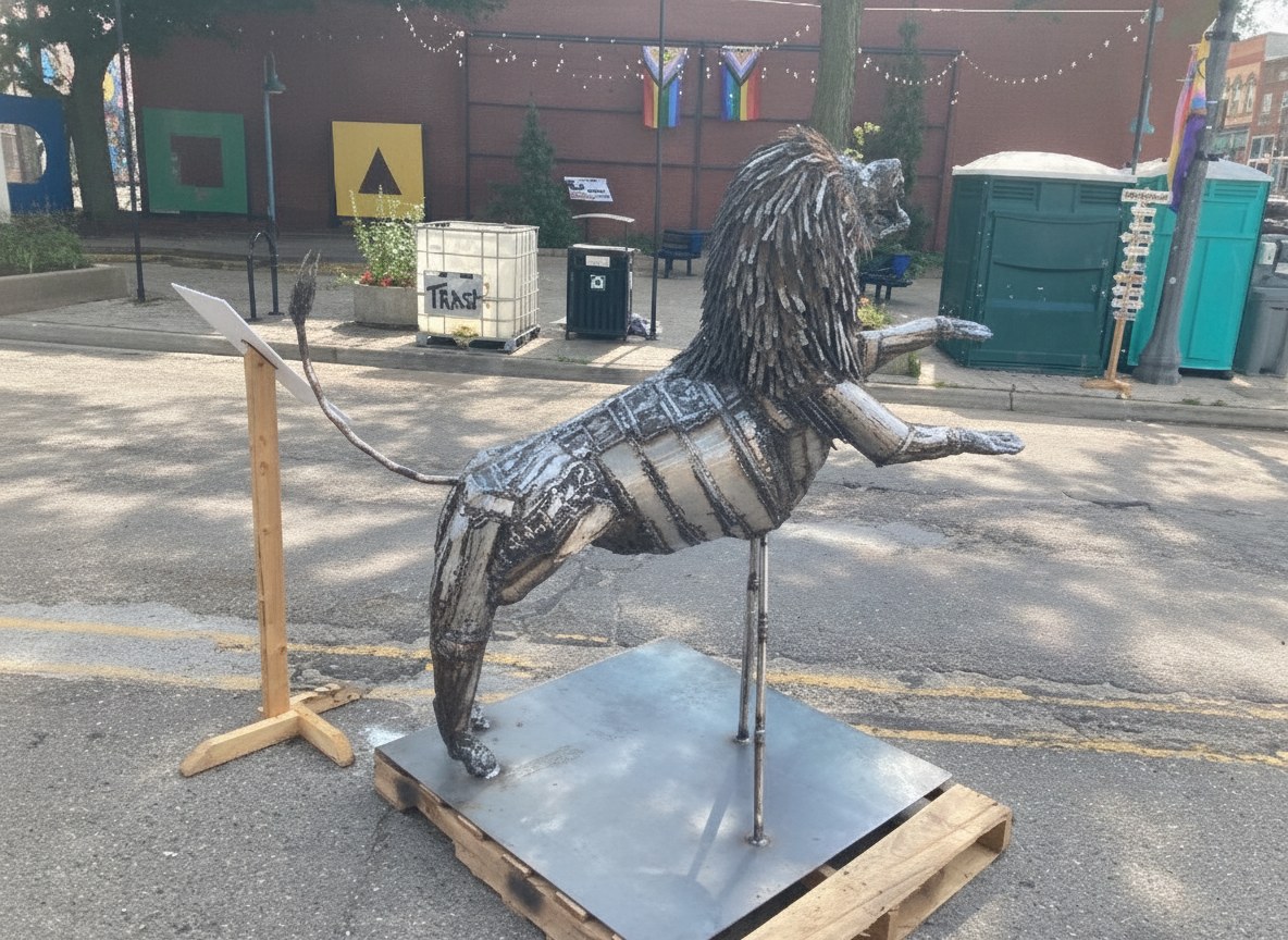 The lion sculpture exhibited outdoors at ScrapFest in Lansing, Michigan